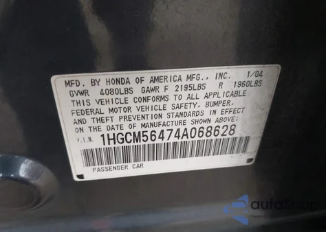 2004 Honda Accord 2.4 Lx z USA, uszkodzony, nr VIN 1HGCM56474A068628